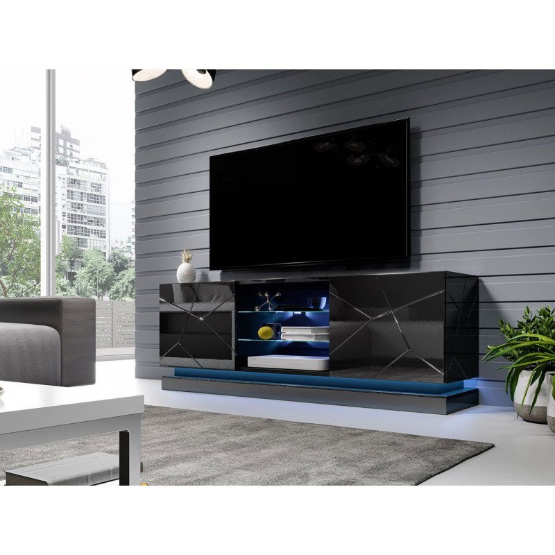 Veneti Televízny stolík s LED modrým osvetlením 160 cm LIMA - čierny / lesklý čierny